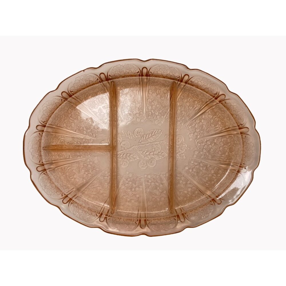 Jeanette Depression glass 13.25" Divided Oval Platter Cherry Blossom Pink